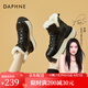 達芙妮（DAPHNE）雪地靴女冬厚底皮短靴加絨加厚保暖大棉鞋冬季新款冬款增高 黑色 加絨 跟高6.5cm 36 (230mm)