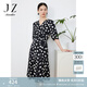 玖姿·安娜蔻收腰顯瘦連衣裙女裝夏款V領(lǐng)抽褶中長款連衣裙 花黑 M