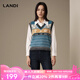 LANDI復古英倫學(xué)院風(fēng)V領(lǐng)幾何提花羊毛針織衫女無(wú)袖上衣冬新品 孔雀藍 M