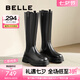 百麗（Belle）七夕禮物增高厚底騎士靴女商場同款真皮時髦長筒靴3NV70DG4 黑色-單里 38 (240mm)