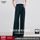 衣香麗影仿麻垂感闊腿休閑褲女2025年夏裝新款時(shí)尚壓褶寬松直筒褲 藏青色 L