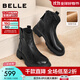 百麗（Belle）復古擦色時(shí)裝羊皮靴女2025冬新商場(chǎng)同款真皮粗跟短靴E5S1DDD5預售 黑色-絨里 37