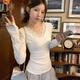 花語(yǔ)志長(cháng)袖t恤女修身秋冬季辣妹上衣蕾絲拼接打底衫可外穿白色內搭新款 蕾絲拼接V領(lǐng)長(cháng)袖T恤【白色】 M 【建議85-100斤】
