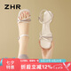 ZHR粗跟涼鞋女夏季一字帶方頭單涼鞋氣質(zhì)水鉆銀色女鞋 JF193 米白 38