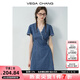 VEGA CHANGVEGA CHANG牛仔連衣裙女2025新款夏季小個(gè)子V領(lǐng)蕾絲花邊收腰短裙 海灣藍(lán)(短款) L