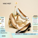 NINE WEST/玖熙高跟鞋粗跟新款真皮通勤方頭金屬扣女士單鞋 米白 37