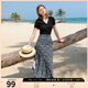 三彩2025夏季新款碎花半身裙高腰開(kāi)叉雪紡A字裙浪漫長(cháng)裙清新M 藏青色花卉 S 155/64A