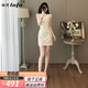 她芙（tafu）品牌女裝無(wú)袖連衣裙女2025夏季新款氣質(zhì)收腰顯瘦蕾絲提花背心裙 杏色 XL