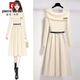 皮爾卡丹小香風(fēng)氣質(zhì)拼接一字領(lǐng)法式連衣裙春秋新款感收腰顯瘦過(guò)膝裙子 杏色 送腰帶 S 建議98內