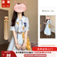 蕓蕁裙子女夏季2025新款韓版復古油墨畫領高腰藍色連衣裙女學生法式新 藍色連衣裙[關注店鋪送小禮物] L