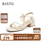 百思圖24夏同款復(fù)古休閑條帶羅馬粗跟女涼鞋TNE32BL4 米白 35