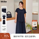 MsShe【人棉套裝】大碼女裝2025款夏裝胖mm開(kāi)叉短袖小衫闊腿裙褲 藏青藍色現貨 2XL