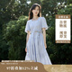 茵曼（INMAN）夏季法式收腰提花肌理女裝方領(lǐng)連衣裙文藝風(fēng)泡泡袖裙子 藍(lán)色 L