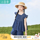 茵曼童裝女童純棉牛仔套裝2025夏季中大童翻領(lǐng)休閑上衣短褲兩件套 牛仔藍 140