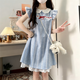 AEOJ夏季小飛袖連衣裙2025夏款小個(gè)子藍格法式學(xué)生娃娃領(lǐng)蕾絲花邊格子 淺藍色 M 【建議90-105斤】