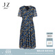 玖姿（JUZUI）優(yōu)雅通勤風(fēng)印花紗羅收腰連衣裙女2025夏季新款JLFX50044 花丈青 3XL