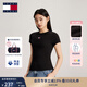 TOMMY JEANS【張元英同款】25夏季女螺紋修身重磅短袖/美式系結短T 【螺紋款】】黑色BDS S