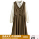 獨(dú)束（DUSHU）大碼女裝假兩件復(fù)古連衣裙女冬裝新款馬甲拼接襯衫翻領(lǐng)壓褶裙子 卡其咖（適合160左右身高） 2XL