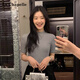 拉夏貝爾小高領(lǐng)短袖T恤女春秋半袖打底衫修身顯瘦針織上衣 深灰色 XL