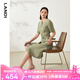 LANDI商場(chǎng)同款landi藍地夏季新款系扣短袖連衣裙女商務(wù)通勤長(cháng)裙 橄欖綠 L