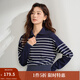 茵曼（INMAN）大翻領(lǐng)撞色條紋毛衣女2025春秋新款時尚收腰百搭舒適針織上衣 寶藍(lán)色 XL