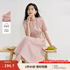 茵曼2025夏季女裝新款歐若風(fēng)圓領(lǐng)抽褶腰帶棉質(zhì)混紡短袖氣質(zhì)連衣裙 淺粉色 S