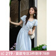 謎秀藍色蕾絲木耳邊連衣裙女2025夏季新款泡泡袖收腰顯瘦長(cháng)裙 藍色 L