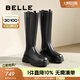 百麗（Belle）七夕禮物增高厚底騎士靴女商場同款真皮時髦長筒靴3NV70DG4 黑色-單里 33 (215mm)