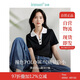 茵曼休閑條紋正肩T恤夏季女裝設計感POLO領顯瘦短袖 午夜黑 XL