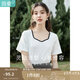 茵曼（INMAN）2025夏女裝新款簡約通勤顯瘦別致法式撞色桃心領(lǐng)短袖T恤 米白色 M