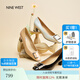 NINE WEST/玖熙高跟鞋粗跟新款真皮通勤方頭金屬扣女士單鞋 米白 37