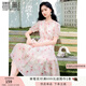香影v領(lǐng)印花連衣裙女2025夏季新款絕美暈染木耳領(lǐng)泡泡袖雪紡裙子 粉紅 S
