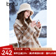 百圖betu女裝冬季新款短外套羊羔絨翻領復古格紋拼色外套2410T71 咖色格 M