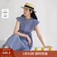 茵曼法式立領(lǐng)格子連衣裙2025夏季女裝新款純棉可調(diào)腰帶大擺長(zhǎng)裙 藍(lán)白格色 M