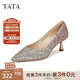 他她（TATA）優(yōu)雅氣質(zhì)高跟鞋女低跟晚宴鞋婚鞋單鞋2024秋新款7QT07AQ4 金色 35