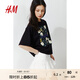 H&M女裝T恤2025秋季新款寬松印花美式圓領(lǐng)圖案落肩中袖上衣1287801 黑色/花卉 S 160/88