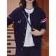 森馬（Semir）歐貨時(shí)尚拼色條紋毛衣開(kāi)衫外套女2025秋季大碼休閑針織衫上衣 深藍色版【深秋初冬穿搭/洋氣獨特別致/歐貨小衫/韓 2XL