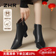 ZHR頭層牛皮女靴時(shí)尚尖頭粗跟短靴女秋冬百搭靴子女 S389 黑色 37 