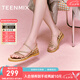 天美意拖鞋女坡跟條帶軟底外穿涼鞋舒適簡(jiǎn)約百搭時(shí)尚女鞋CTI20BT4 粉金 36