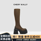 CHERY KALLY【吳宣儀同款】氣質(zhì)厚底高筒靴女士2025新款復(fù)古棕色時尚彈力靴 咖啡色 37
