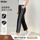 MsShe【運(yùn)動(dòng)撞色條紋七分褲】大碼女裝2025夏季胖mm開(kāi)叉直筒褲子 黑色現(xiàn)貨 3XL