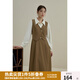 獨(dú)束（DUSHU）大碼女裝假兩件復(fù)古連衣裙女冬裝新款馬甲拼接襯衫翻領(lǐng)壓褶裙子 卡其咖（適合165以上身高） M