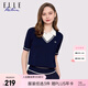 ELLE ACTIVE假兩件針織t恤女士夏季學(xué)院風(fēng)條紋V領(lǐng)顯瘦百搭休閑短袖翻領(lǐng)上衣 寶藍色 2XL