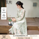 香影新中式綠色印花連衣裙女2025秋季新款系帶圓領(lǐng)收腰長(zhǎng)袖碎花裙 綠色 L