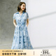 顏域（YANYEE）高級感系帶收腰印花雪紡連衣裙女2024夏季時尚翻領(lǐng)中長款大擺裙 藍花 XL/42