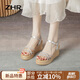 ZHR坡跟涼鞋女夏真牛皮厚底女鞋時(shí)尚細(xì)帶水鉆高跟鞋子女 AY92 銀色36