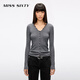 MISS SIXTY2025秋季新款羊毛針織開(kāi)衫女V領(lǐng)蕾絲拼接修身短款上衣 花灰 S