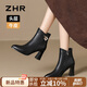 ZHR頭層牛皮短靴女秋冬優(yōu)雅粗跟靴子女復古風顯高女靴 S512 黑色 37 