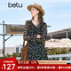 百圖betu女裝秋季新款連衣裙系帶荷葉邊X型印花連衣裙女2308T78 黑色 M