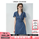 VEGA CHANG牛仔連衣裙女2025新款夏季小個(gè)子V領(lǐng)蕾絲花邊顯瘦度假風(fēng)收腰短裙 海灣藍(lán)(短款) L